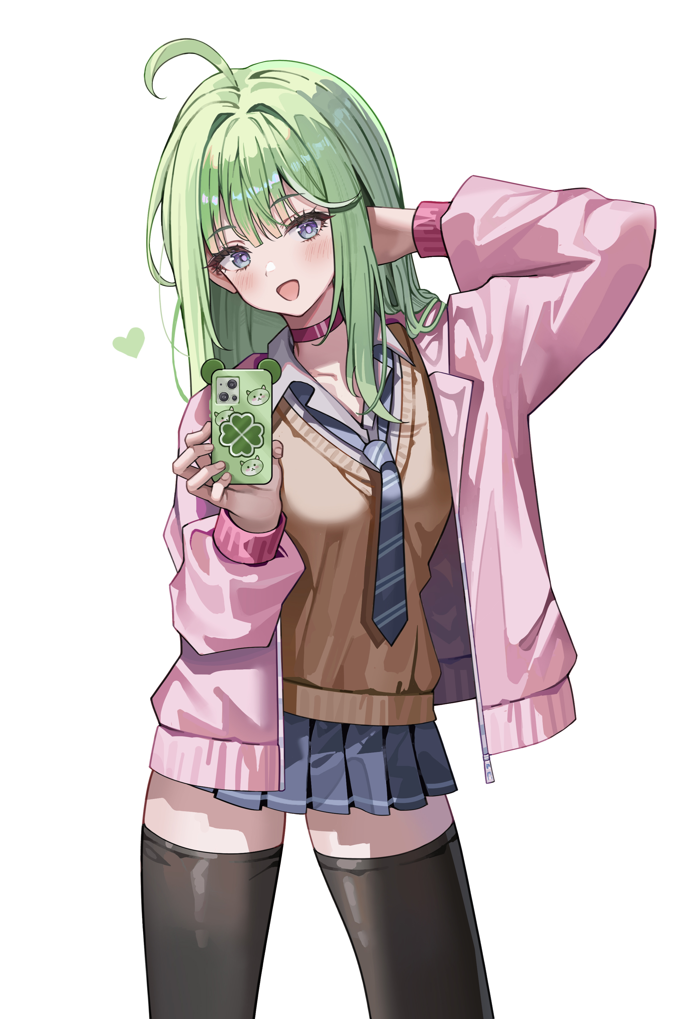 mahyo, yuzuha riko, stellive, absurdres, hashtag-only commentary, highres, 1girl, ahoge, black skirt, blue necktie, blue skirt, blush, brown sweater, cellphone, choker, clover, collared shirt, cowboy shot, four-leaf clover, green hair, grey eyes, gyaru, hand in own hair, hands up, heart, holding, holding phone, jacket, kogal, long hair, long sleeves, miniskirt, necktie, open clothes, open jacket, open mouth, phone, pink choker, pink jacket, pleated skirt, school uniform, shirt, simple background, skirt, smartphone, smile, solo, standing, straight hair, sweater, thighhighs, unzipped, v-neck, virtual youtuber, white background, wispy bangs, zettai ryouiki, zipper pull tab