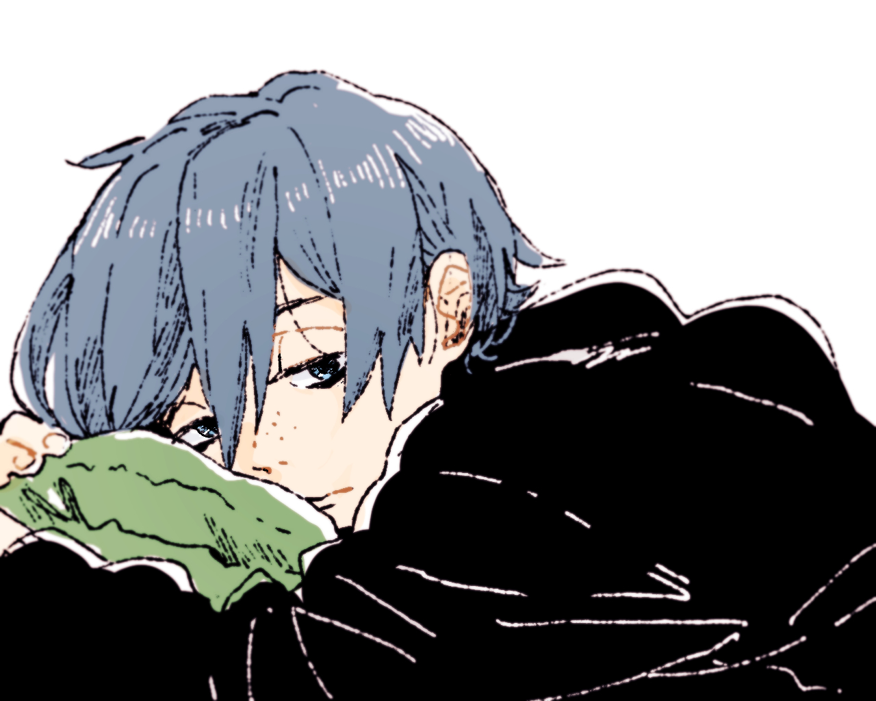 bandoutan, kuji toi, sarazanmai, commentary request, 1boy, black jacket, blue eyes, blue hair, closed mouth, freckles, from side, hair between eyes, hood, hood down, hugging object, jacket, looking at viewer, lying, male focus, on stomach, pillow, pillow hug, sad, short hair, simple background, solo, white background
