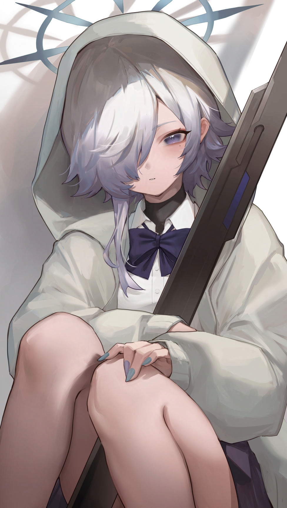 metatarou, blue archive, original, commentary, commentary request, commission, english commentary, highres, mixed-language commentary, skeb commission, 1girl, black bow, black bowtie, blue halo, blue nails, bow, bowtie, collared shirt, gradient hair, grey background, grey hair, grey hoodie, hair over one eye, halo, holding, holding weapon, hood, hood up, hoodie, legs, long bangs, long hair, mole, mole under eye, multicolored hair, multicolored nails, nail polish, parted lips, purple eyes, purple nails, purple skirt, shirt, simple background, sitting, skirt, thighs, two-tone hair, two-tone nails, weapon, white background, white hair, white shirt