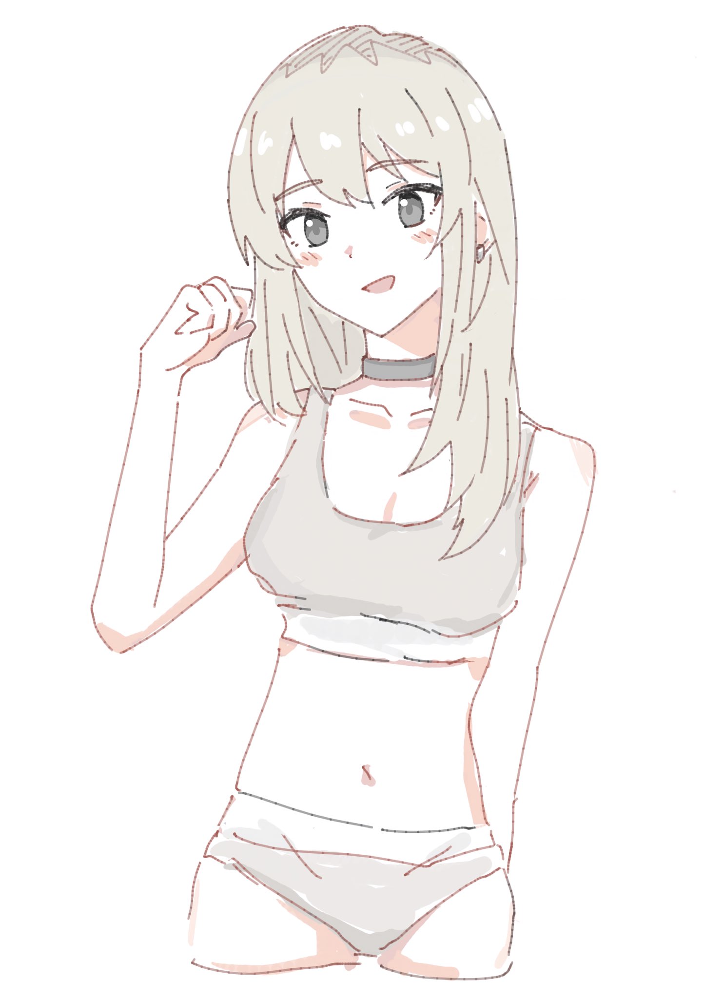 n nai nai n, kawaragi momoka, girls band cry, highres, 1girl, black choker, bra, breasts, choker, earrings, grey bra, grey eyes, grey hair, grey panties, hand up, jewelry, long hair, medium breasts, multicolored hair, navel, open mouth, panties, roots (hair), sidelocks, simple background, solo, stomach, underwear, underwear only, white background
