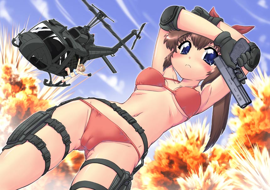 hase yu, uh-1 iroquois, original, 1girl, aircraft, armpits, arms up, bikini, blue eyes, blush, breasts, brown hair, cameltoe, covered erect nipples, day, dutch angle, elbow pads, explosion, female focus, glock, gloves, gun, handgun, helicopter, holding, holding gun, holding weapon, holster, long hair, medium breasts, navel, pistol, ponytail, red bikini, solo, swimsuit, thigh holster, trigger discipline, underboob, weapon