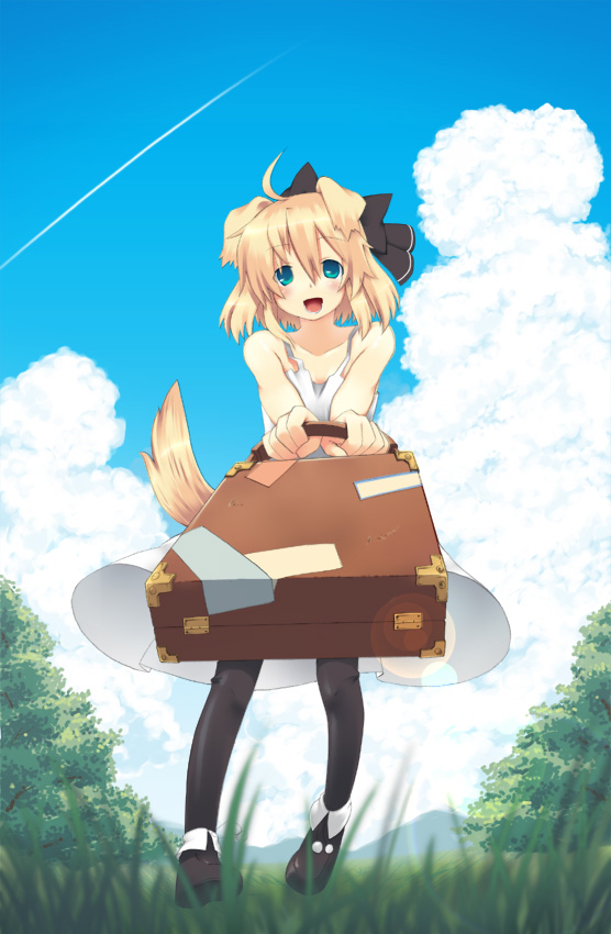 majima yuki, 1girl, animal ears, day, dog ears, female focus, pantyhose, sky, solo