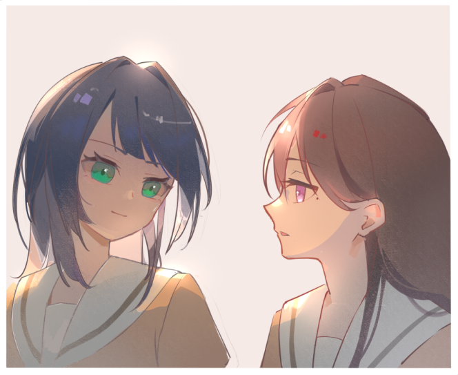 yuany (1586313587), shiina taki, yahata umiri, bang dream!, bang dream! it's mygo!!!!!, commentary, 2girls, black hair, brown hair, closed mouth, green eyes, hair behind ear, hanasakigawa school uniform, long hair, looking at another, medium hair, mole, mole under eye, multiple girls, open mouth, purple eyes, sailor collar, school uniform, simple background, upper body, white background, white sailor collar
