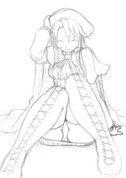 bw, 1girl, boots, hat, laces, monochrome, tears, underwear, x(