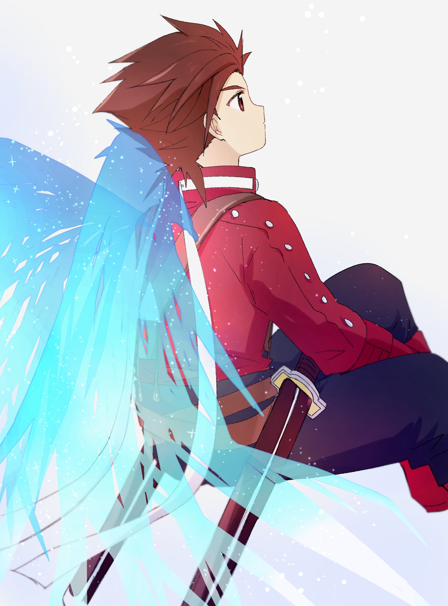 hzk882, lloyd irving, tales of (series), tales of symphonia, commentary request, highres, 1boy, blue wings, brown eyes, brown hair, jacket, looking ahead, male focus, red jacket, sheath, sheathed, short hair, simple background, sitting, solo, sword, weapon, white background, wings