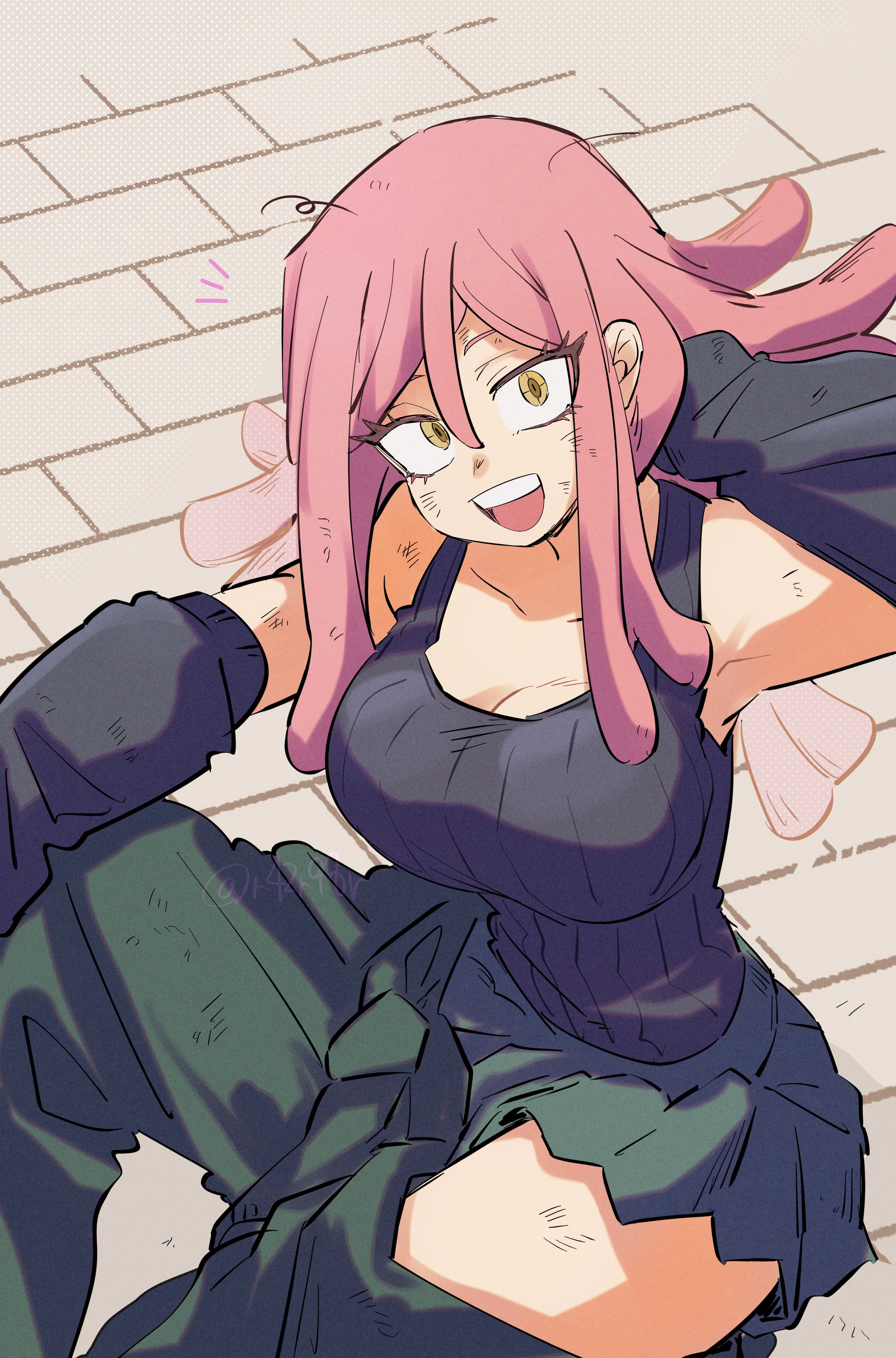 bibiri (r42r98r), hatsume mei, boku no hero academia, absurdres, highres, 1girl, arm behind head, bare shoulders, black gloves, black tank top, breasts, cleavage, gloves, green pants, large breasts, open mouth, pants, pink hair, pleated skirt, ribbed tank top, skirt, smile, tank top, yellow eyes