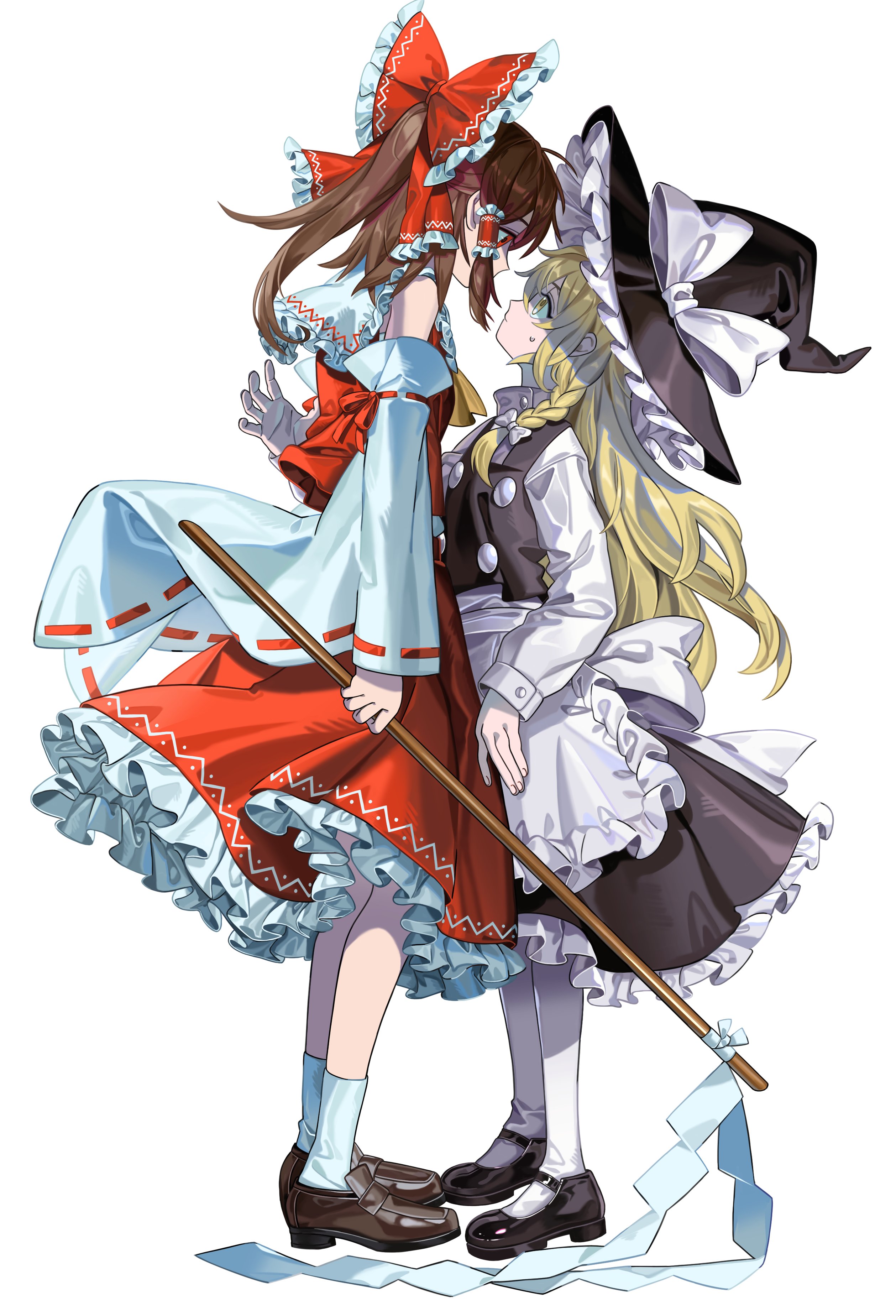 maka (maka04021), hakurei reimu, kirisame marisa, touhou, absurdres, highres, 2girls, apron, black hat, black shoes, black skirt, black vest, blonde hair, bow, braid, brown hair, brown shoes, closed mouth, detached sleeves, eye contact, face-to-face, frilled bow, frilled hair tubes, frilled skirt, frills, from side, full body, gohei, hair bow, hair tubes, hat, hat bow, holding, holding gohei, loafers, long hair, long sleeves, looking at another, looking down, looking up, multiple girls, pantyhose, red bow, red eyes, red ribbon, red shirt, red skirt, ribbon, ribbon-trimmed sleeves, ribbon trim, shirt, shoes, side braid, simple background, single braid, skirt, sleeveless, sleeveless shirt, socks, standing, very long hair, vest, waist apron, white apron, white background, white bow, white pantyhose, white shirt, white sleeves, white socks, wide sleeves, witch hat, yellow eyes