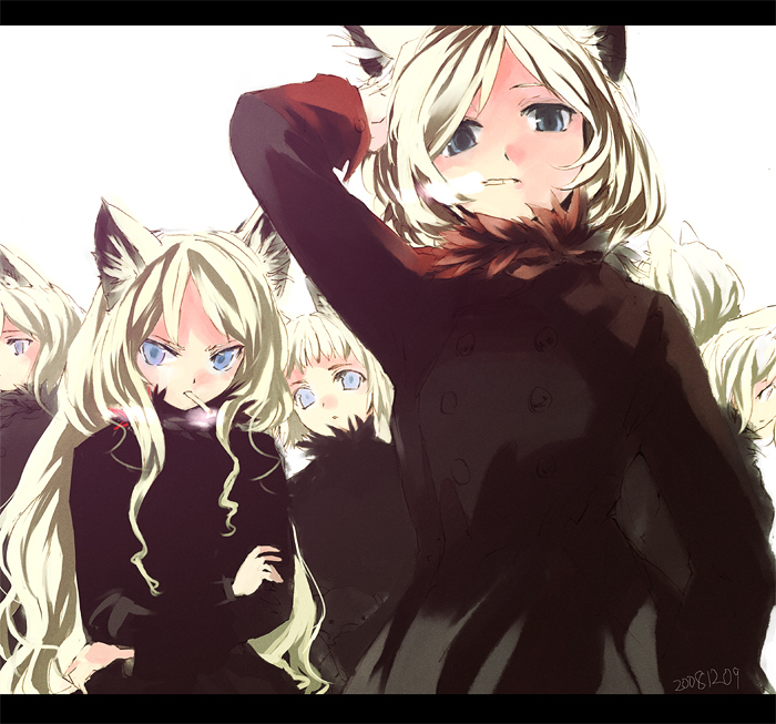 mo, shunsei (muratou), bad id, bad pixiv id, 6+girls, angry, animal ears, blonde hair, blue eyes, cat ears, cigarette, multiple girls, smoking