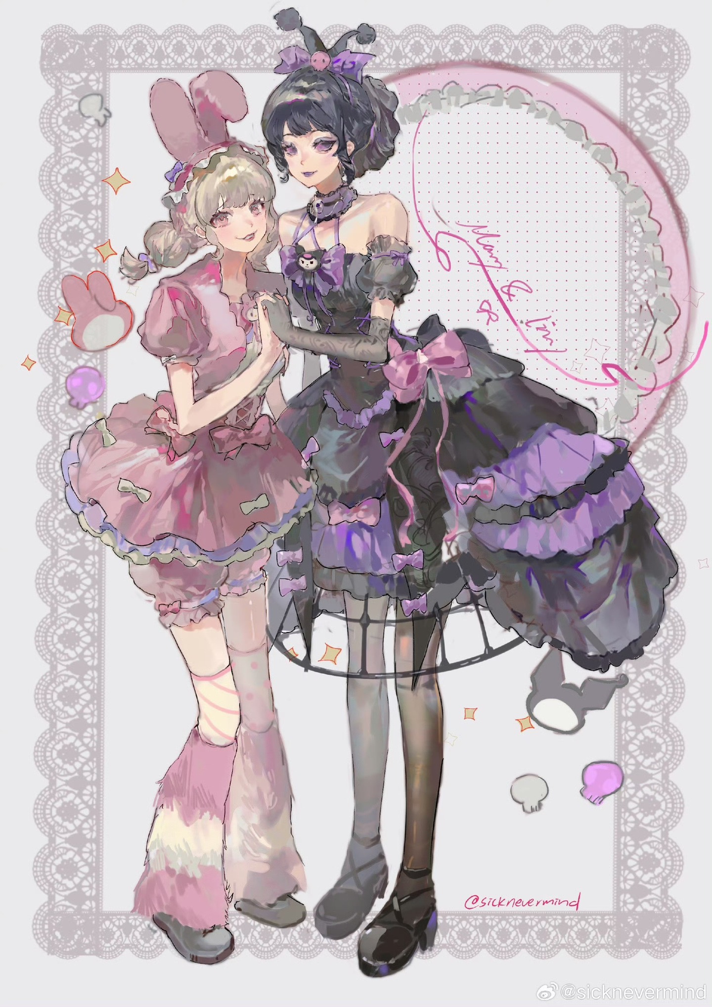 kuromi, lily barriere, lily barriere (stunning my melody), mary (identity v), mary (merry kuromi) (identity v), my melody, identity v, sanrio, highres, 2girls, bare shoulders, black hair, black pantyhose, blonde hair, bloomers, bow, choker, collarbone, colored sclera, crinoline, elbow gloves, frilled hairband, frills, fur leg warmers, gloves, hairband, interlocked fingers, lace, lace gloves, leg warmers, looking at viewer, multiple girls, pantyhose, pink bloomers, pink bow, pink eyes, pink leg warmers, pink lips, puffy shorts, puffy sleeves, purple bow, purple choker, purple lips, purple sclera, short twintails, shorts, sicknevermind, solid eyes, thighhighs, twintails, underwear, weibo username, white bow