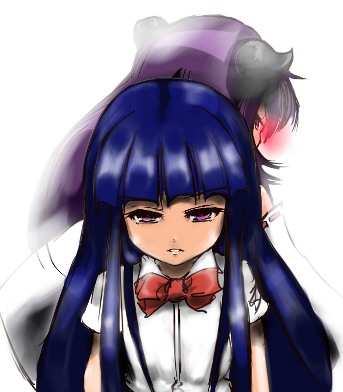 hyudora, furude rika, hanyuu, higurashi no naku koro ni, bad id, bad pixiv id, 00s, blue hair, bow, bowtie, detached sleeves, glowing, glowing eyes, horns, long hair, purple eyes, purple hair, suspenders