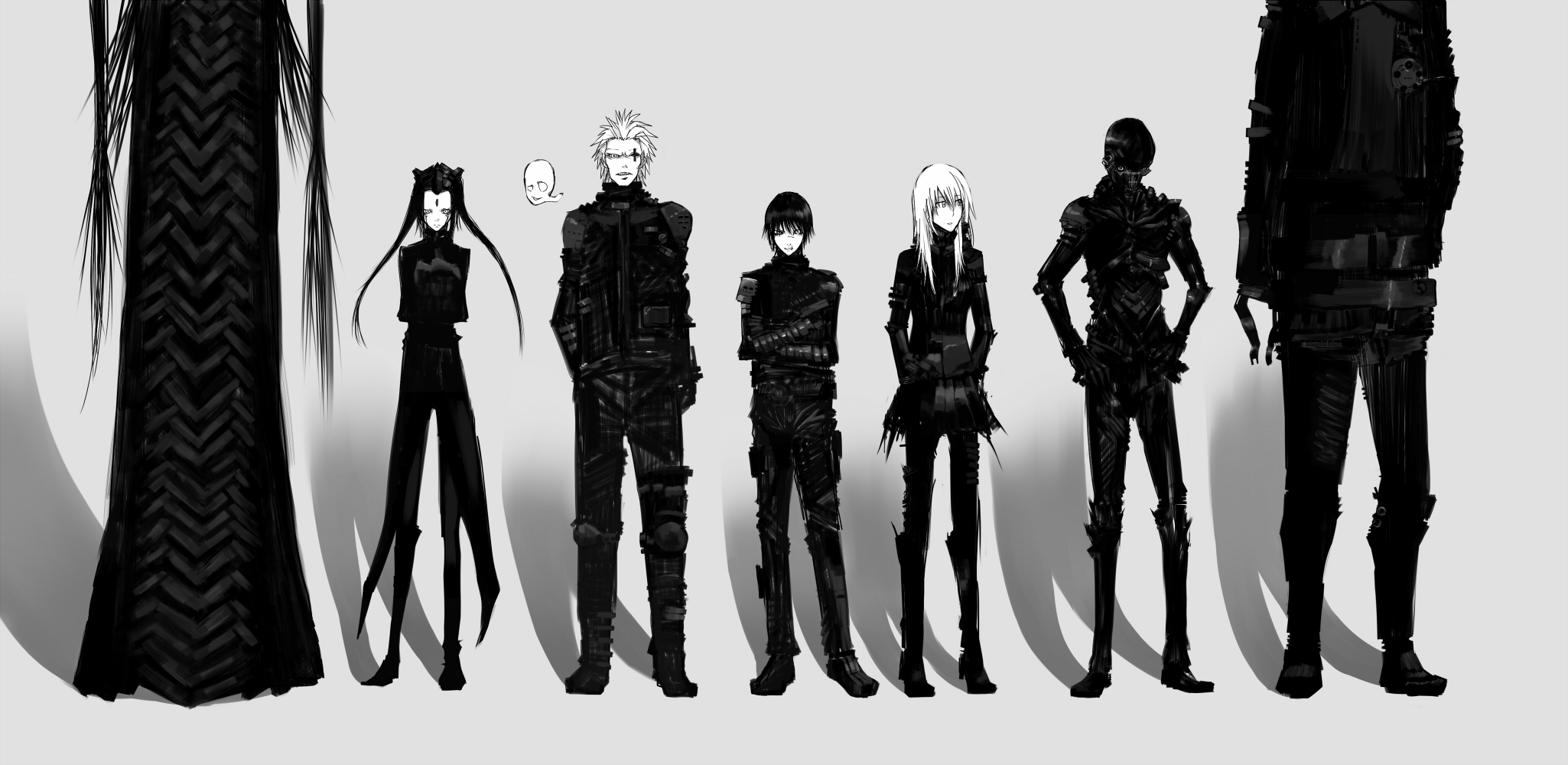 yuu (yu1you2iu3), blon, cibo, davine lu linvega, dhomochevsky, iko, killy, pcell, schiff (blame!), blame!, ghost in the shell, ghost in the shell: stand alone complex, bad id, bad pixiv id, highres, 2girls, 5boys, cyberpunk, everyone, ghost in the shell lineup, greyscale, lineup, long hair, missing eye, monochrome, multiple boys, multiple girls, parody, twintails