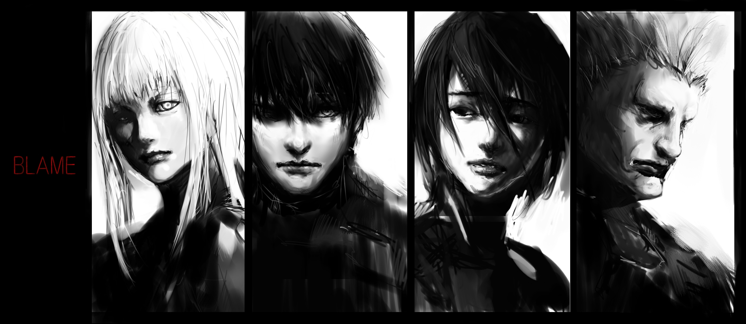 ai (pixiv 53282), cibo, dhomochevsky, iko, killy, sanakan, blame!, bad id, bad pixiv id, highres, 2boys, 2girls, cyberpunk, greyscale, manly, monochrome, multiple boys, multiple girls, realistic