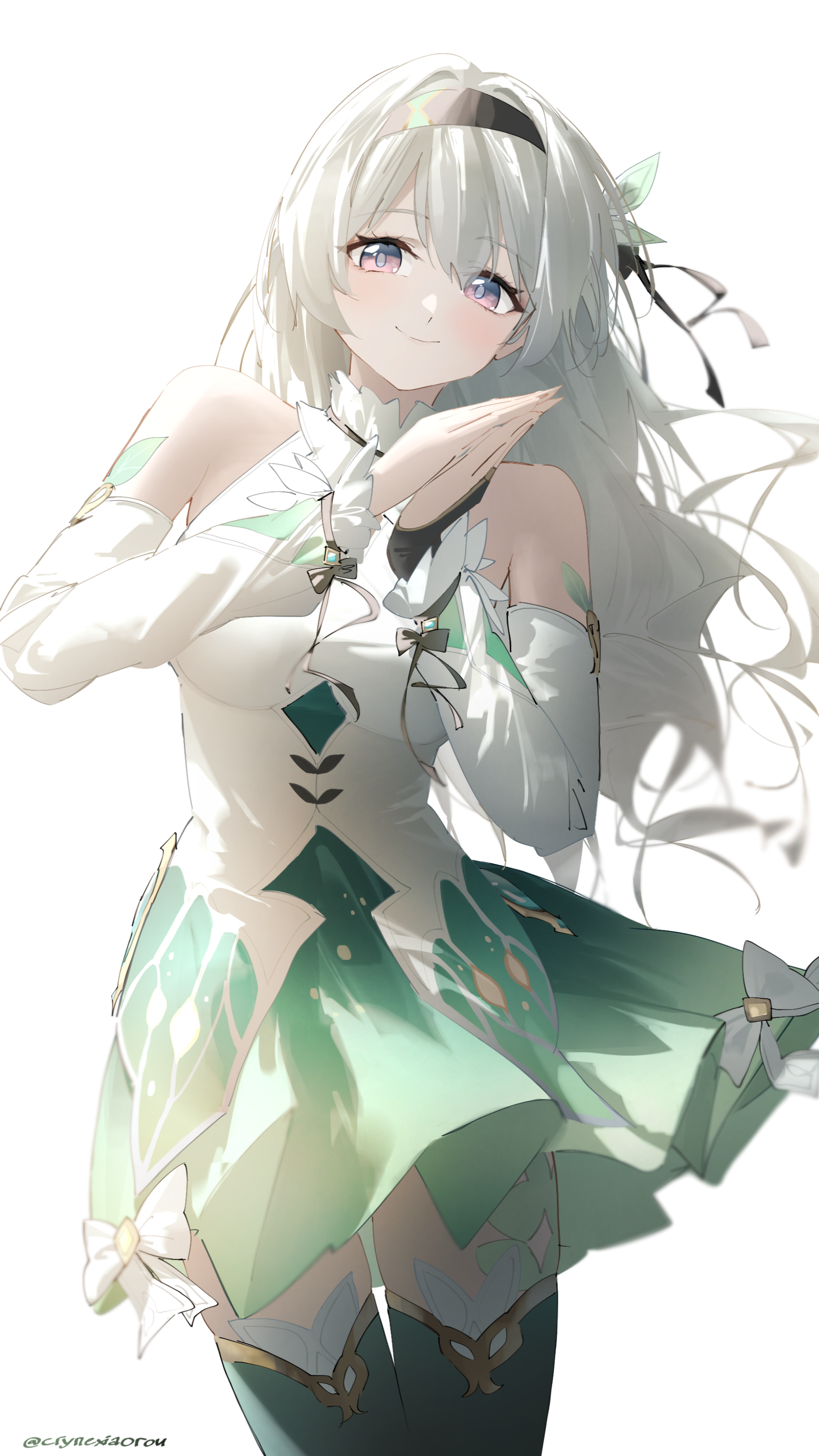cryne, firefly (honkai: star rail), honkai: star rail, honkai (series), absurdres, commentary, highres, 1girl, bare shoulders, black hairband, breasts, closed mouth, detached sleeves, green skirt, grey hair, hairband, large breasts, long hair, looking at viewer, own hands together, purple eyes, shirt, simple background, skirt, smile, solo, thighs, white background, white shirt
