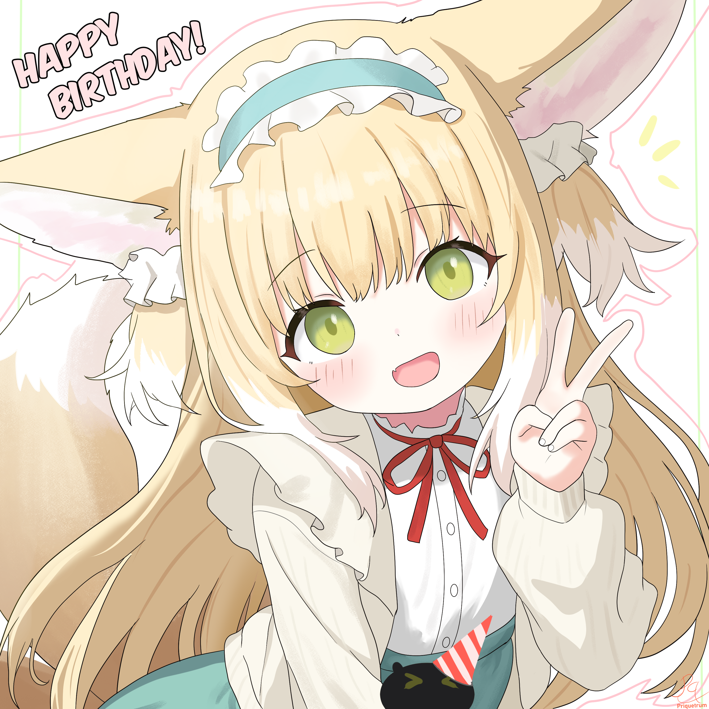 priquetrum, heixiu, suzuran (arknights), suzuran (spring praise) (arknights), arknights, luo xiaohei zhanji, absurdres, commentary, english commentary, highres, 1girl, :d, animal ears, blonde hair, blue hairband, blue skirt, blush, cardigan, fang, fox ears, fox girl, fox tail, frilled hairband, frills, green eyes, grey cardigan, hair ornament, hair scrunchie, hairband, happy birthday, long hair, long sleeves, looking at viewer, neck ribbon, official alternate costume, open mouth, puffy long sleeves, puffy sleeves, red ribbon, ribbon, scrunchie, shirt, simple background, skin fang, skirt, smile, solo, tail, v, white background, white shirt