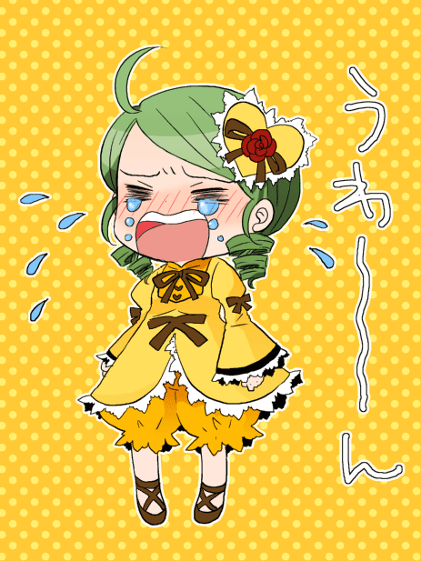 satou memeko, kanaria, rozen maiden, bad id, bad pixiv id, 00s, ahoge, blush, closed eyes, drill hair, green hair, solo, tears