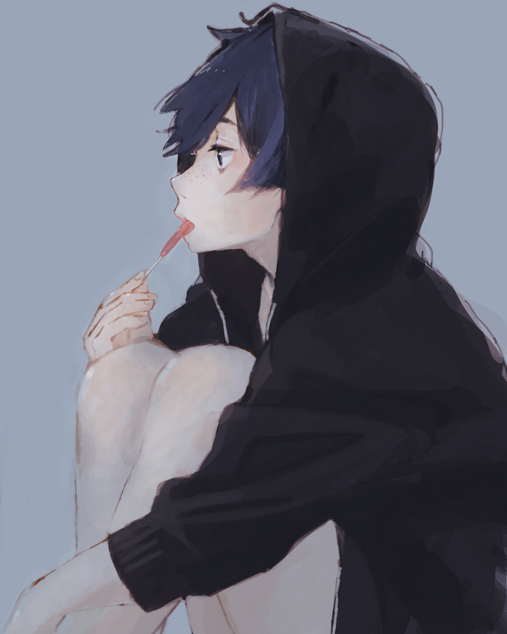 bandoutan, kuji toi, sarazanmai, commentary request, highres, 1boy, black jacket, blue eyes, blue hair, candy, fingernails, food, freckles, from side, grey background, hood, hood up, jacket, knees up, lollipop, long sleeves, looking ahead, male focus, short hair, simple background, sitting
