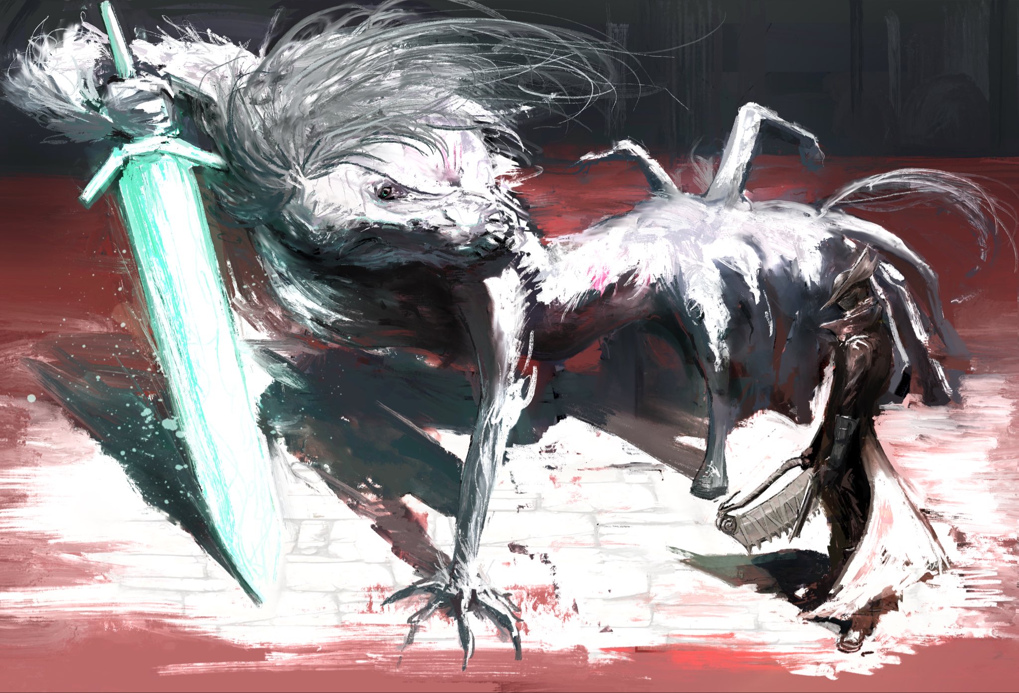 kyezzzz, hunter (bloodborne), ludwig the accursed, bloodborne, highres, 1boy, 1other, black hat, blood, boss fight, extra legs, from above, green eyes, grey hair, hat, holding, holding sword, holding weapon, horse boy, indoors, long hair, male focus, monster boy, moonlight greatsword, saw, saw cleaver, standing, sword, tricorne, weapon