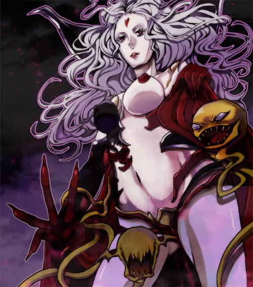 senbe (motimotio), cloud of darkness, dissidia final fantasy, final fantasy, final fantasy iii, silver hair, bad id, bad pixiv id, 1990s (style), 1girl, breasts, covered erect nipples, female focus, large breasts, long hair, navel, pale skin, red eyes, retro artstyle, revealing clothes, solo