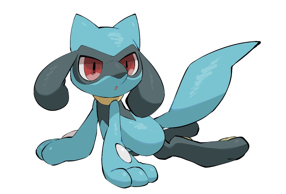 yumeminoideyu2, riolu, nintendo, pokemon, :o, animal focus, animal hands, black fur, blue fur, full body, gen 4 pokemon, looking at viewer, no humans, open mouth, pawpads, pokemon (creature), pokemon focus, red eyes, simple background, sitting, snout, solo, two-tone fur, white background