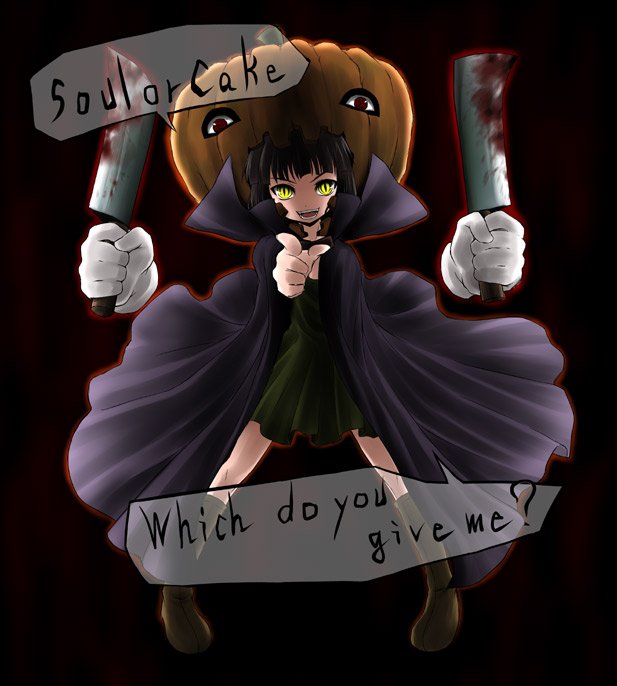tousen, original, billhook, black hair, blood, boots, cake, cape, english text, food, halloween, hashitsuki nata, hatchet, jack-o'-lantern, knee boots, nata (tool), pastry, pumpkin, solo, yellow eyes