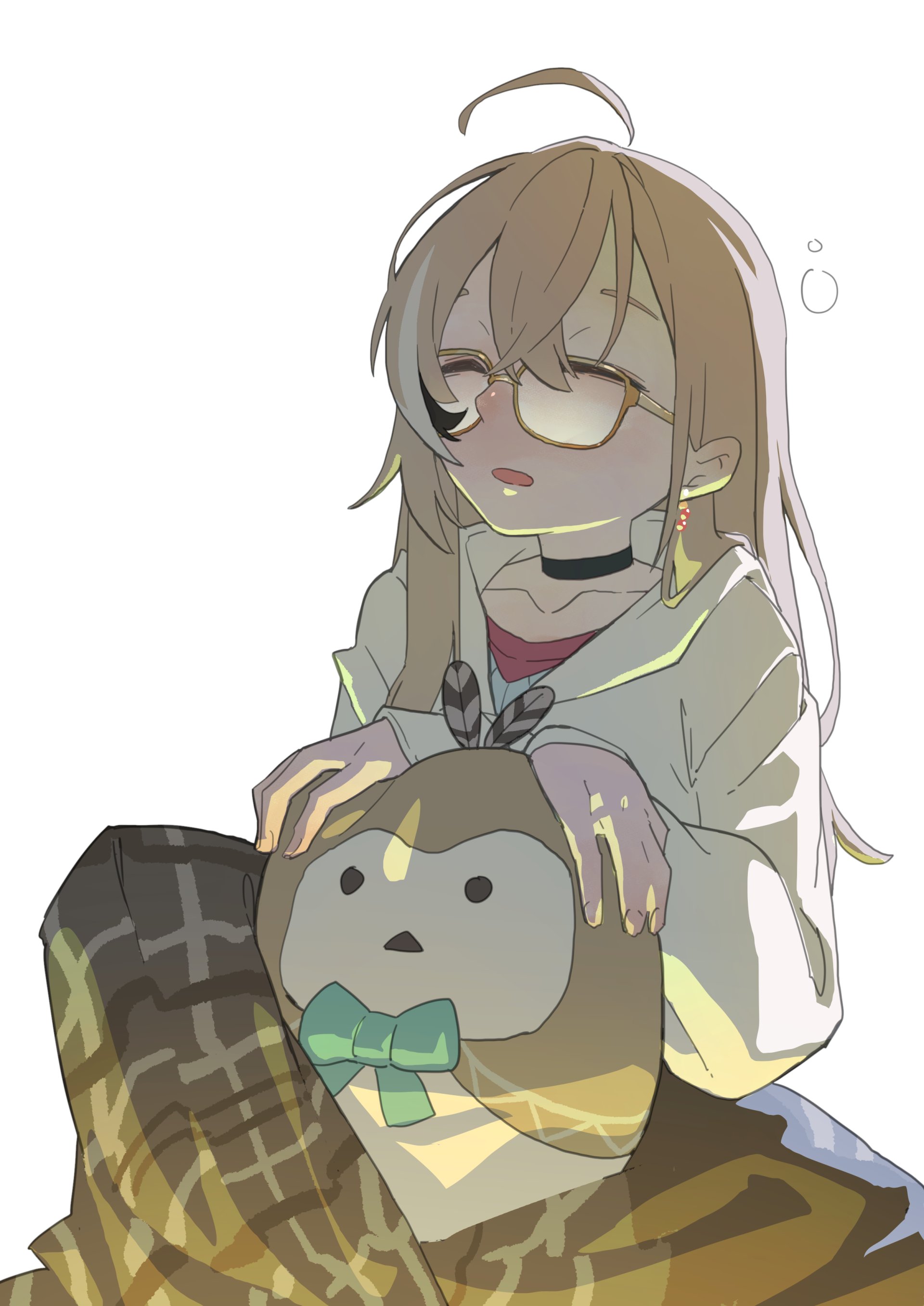 mazumaro, hooman (nanashi mumei), nanashi mumei, nanashi mumei (casual), hololive, hololive english, absurdres, commentary, english commentary, highres, 1girl, ahoge, bird, black choker, black streaks, bow, brown feathers, brown hair, brown hoodie, brown skirt, choker, closed eyes, crossed bangs, earrings, feathers, food-themed earrings, glasses, green bow, hood, hoodie, jewelry, long hair, long skirt, long sleeves, multicolored hair, official alternate costume, open mouth, owl, plaid clothes, plaid skirt, red shirt, shirt, simple background, skirt, sleeping, sleeping upright, solo, squeans, streaked hair, sweater, virtual youtuber, white background, white streaks, white sweater