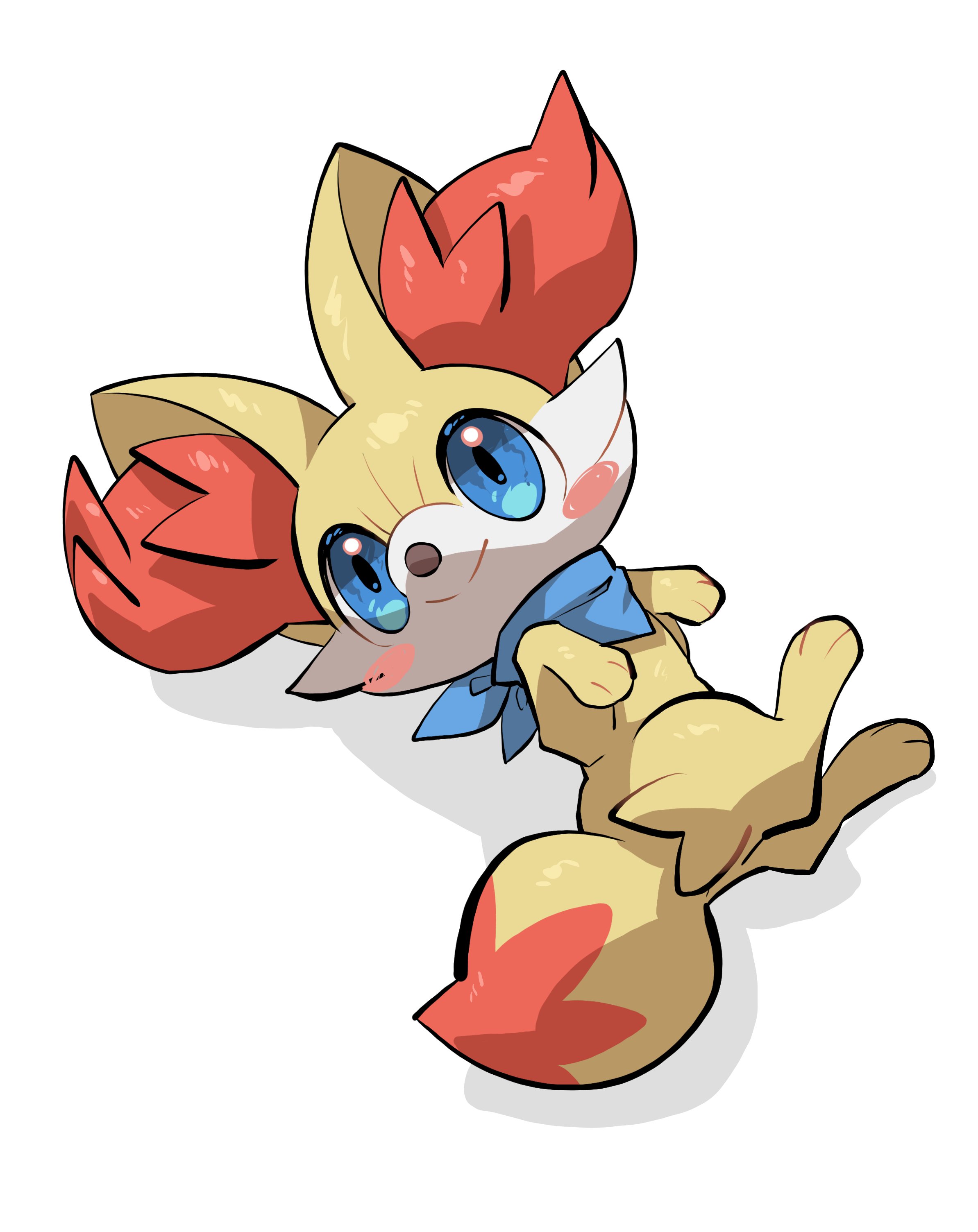 yumeminoideyu2, fennekin, nintendo, pokemon, absurdres, highres, animal focus, animal hands, blue eyes, blue scarf, blush stickers, fluffy, fox, full body, gen 6 pokemon, looking at viewer, no humans, pokemon (creature), pokemon focus, red fur, scarf, simple background, solo, white background, white fur, yellow fur
