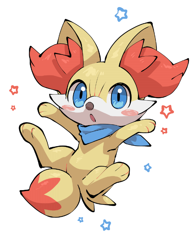 yumeminoideyu2, fennekin, nintendo, pokemon, :o, animal focus, animal hands, blue eyes, blue scarf, blush stickers, fluffy, fox, full body, gen 6 pokemon, looking at viewer, no humans, open mouth, paw up, pokemon (creature), pokemon focus, red fur, scarf, simple background, sitting, solo, sparkle, white background, white fur, yellow fur