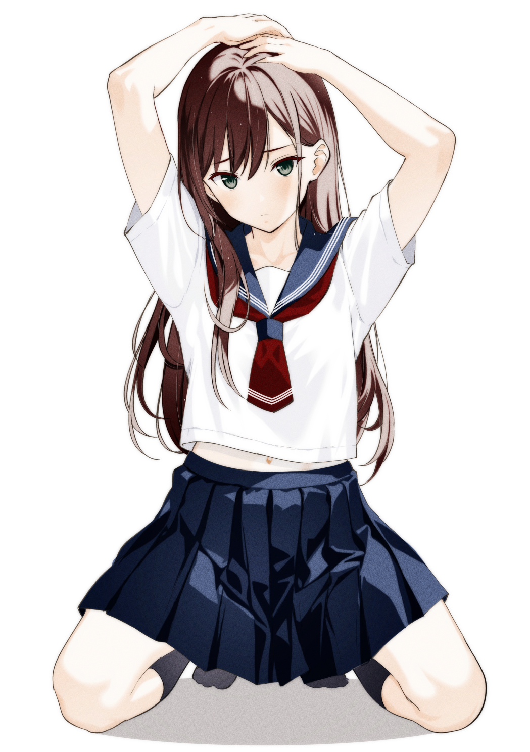 moonsorrow, original, commentary request, commission, highres, large variant set, pixiv commission, variant set, 1girl, arms up, black socks, blue sailor collar, blue skirt, brown hair, closed mouth, expressionless, full body, grey eyes, hands on own head, kneeling, long hair, looking at viewer, midriff peek, navel, neckerchief, pleated skirt, red neckerchief, sailor collar, school uniform, serafuku, shirt, short sleeves, simple background, skirt, socks, solo, straight-on, straight hair, white background, white shirt