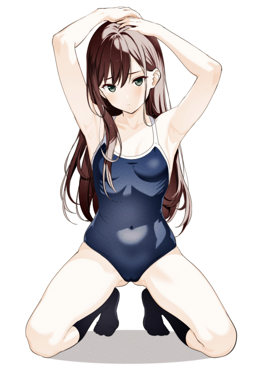 moonsorrow, original, commentary request, commission, highres, large variant set, pixiv commission, variant set, 1girl, armpits, arms up, black socks, blue one-piece swimsuit, breasts, brown hair, closed mouth, collarbone, covered navel, expressionless, full body, grey eyes, hands on own head, kneeling, long hair, looking at viewer, one-piece swimsuit, simple background, small breasts, socks, solo, straight-on, straight hair, swimsuit, white background