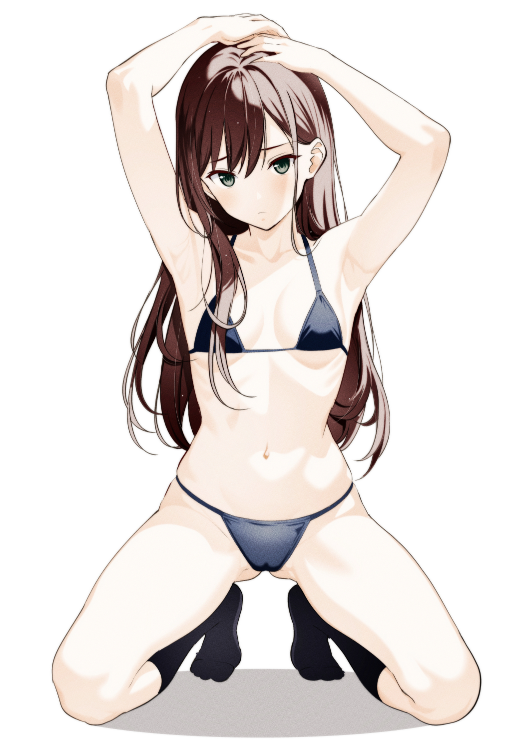 moonsorrow, original, commentary request, commission, highres, large variant set, pixiv commission, variant set, 1girl, armpits, arms up, bikini, black socks, blue bikini, breasts, brown hair, closed mouth, collarbone, expressionless, full body, grey eyes, hands on own head, kneeling, long hair, looking at viewer, navel, simple background, small breasts, socks, solo, stomach, straight-on, straight hair, string bikini, swimsuit, white background