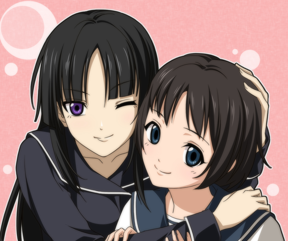 ama mitsuki, isayama yomi, tsuchimiya kagura, ga-rei, ga-rei zero, 00s, black hair, blue eyes, blunt bangs, cheek-to-cheek, heads together, hime cut, long hair, one eye closed, purple eyes, school uniform, short hair, smile, wink