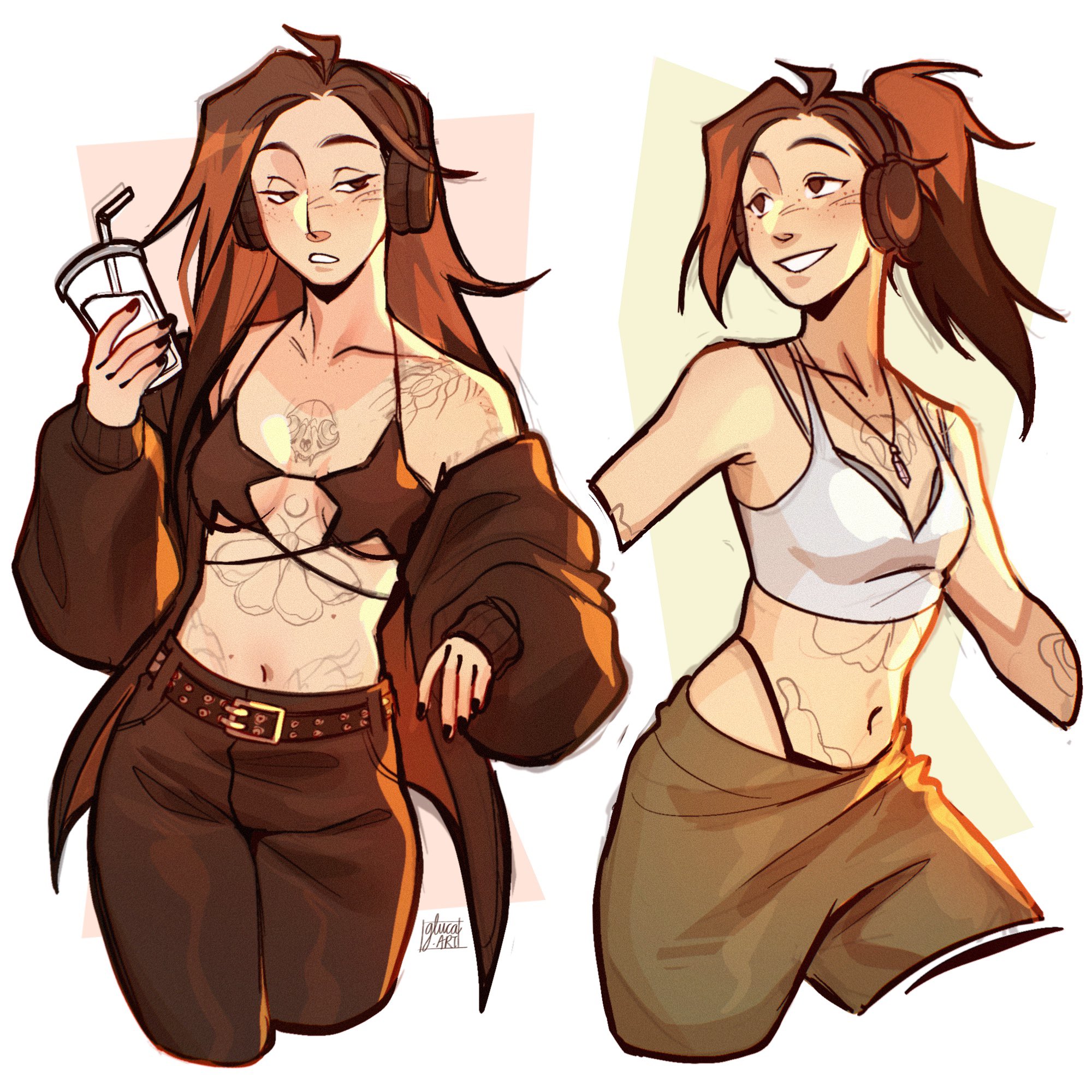 gluca, commentary, highres, 1girl, arm tattoo, belt, bikini, bikini top only, black belt, black bikini, black nails, black pants, bra, breasts, brown eyes, brown hair, camisole, chest tattoo, crop top, cup, disposable cup, drinking straw, freckles, grey bra, headphones, highleg, highleg panties, holding, holding cup, jewelry, navel, necklace, panties, pants, ponytail, self-portrait, shoulder tattoo, signature, small breasts, smile, star-shaped bikini, stomach tattoo, swimsuit, tattoo, underboob, underwear, white camisole, wireless headphones