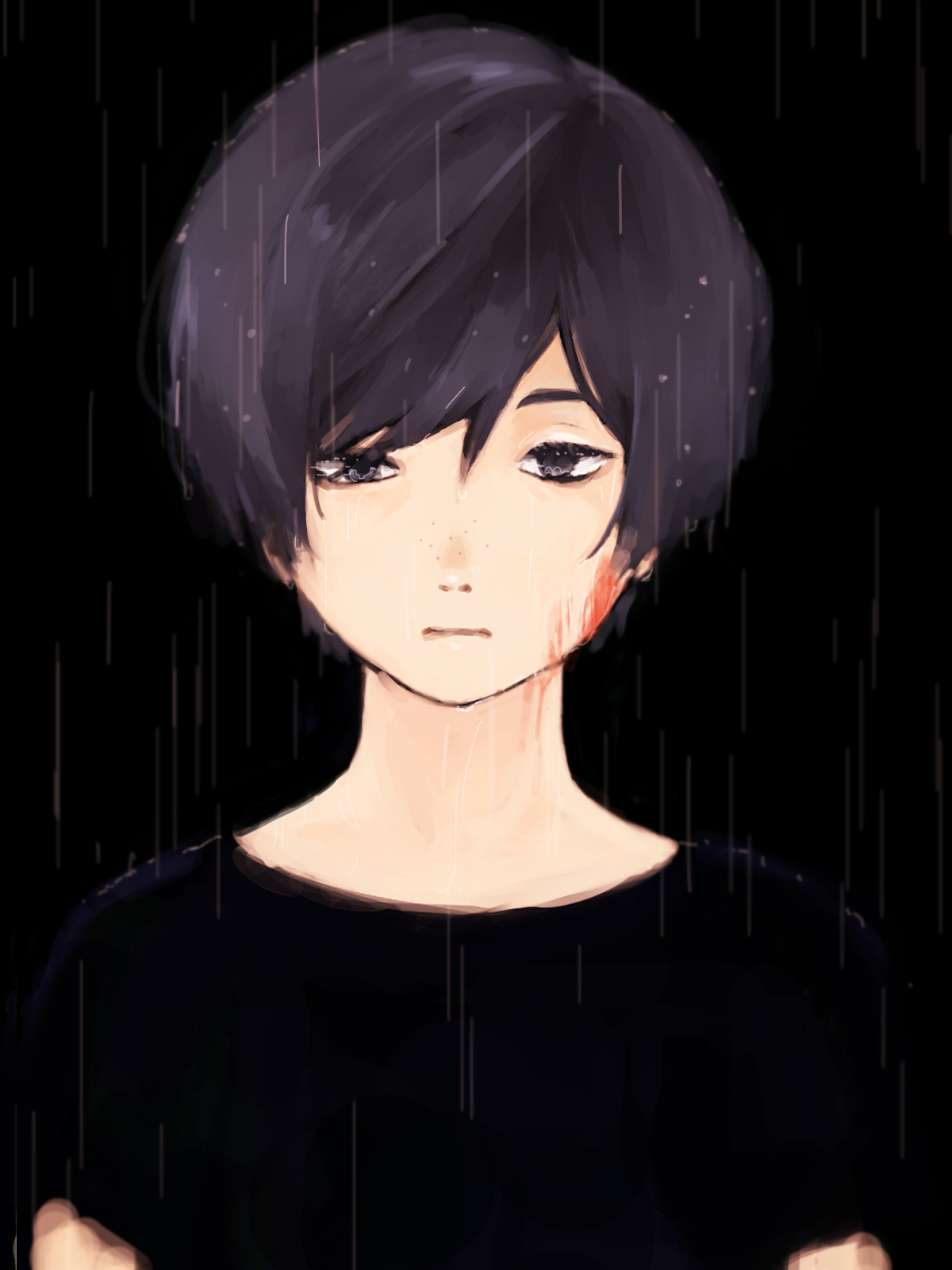 bandoutan, kuji toi, sarazanmai, commentary request, highres, 1boy, black eyes, black hair, blood, blood on face, closed mouth, expressionless, freckles, looking at viewer, male focus, nostrils, outdoors, rain, shirt, short hair, short sleeves, solo, upper body