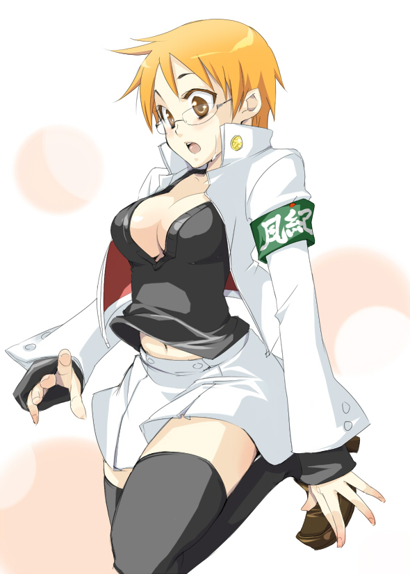 sacchin (yama), kagami kyosuke, capcom, justice gakuen, shiritsu justice gakuen, 1girl, blush, breasts, cleavage, female focus, genderswap, genderswap (mtf), glasses, large breasts, navel, skirt, solo, sweat, thighhighs