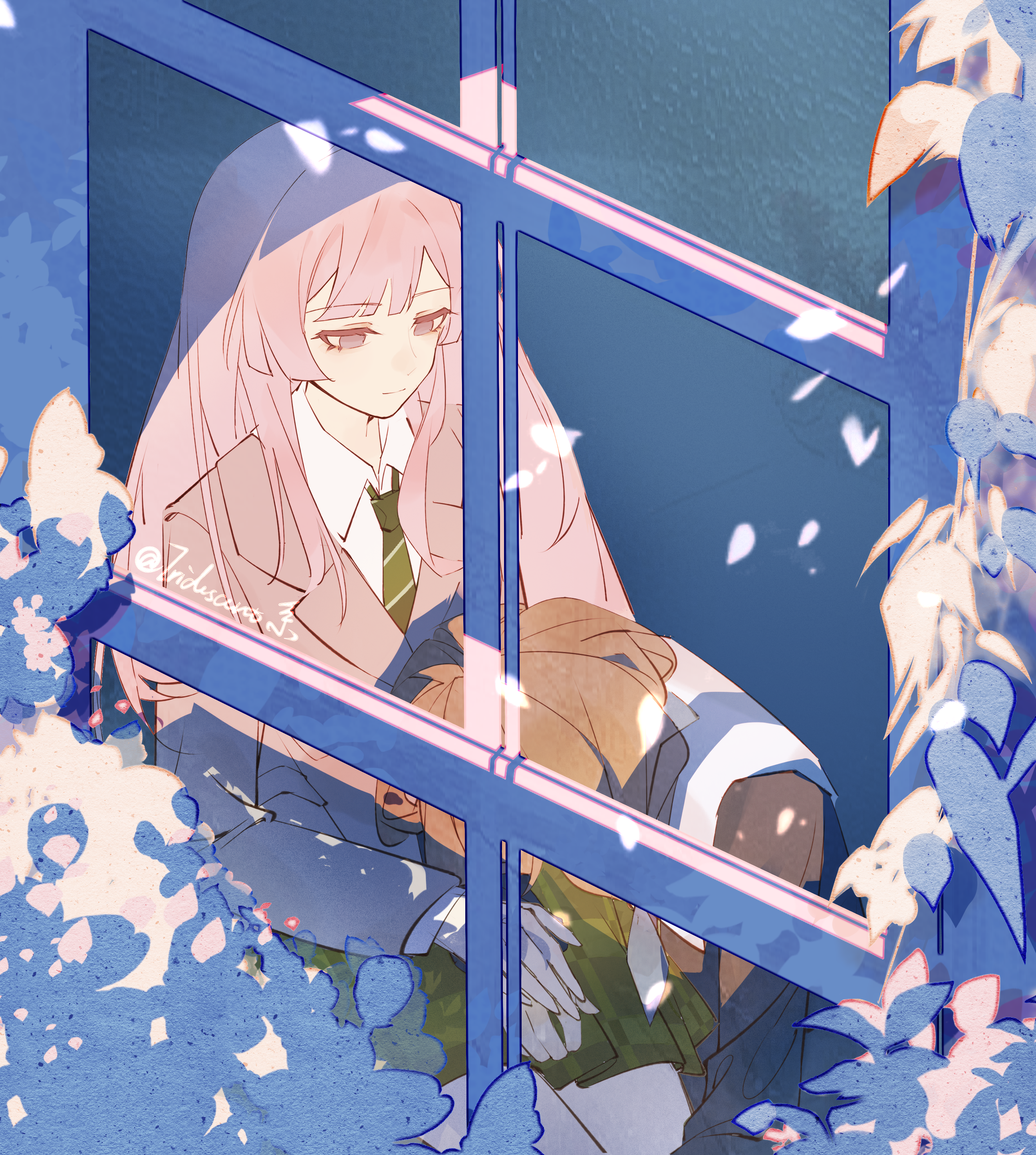 yuany (1586313587), chihaya anon, nagasaki soyo, bang dream!, bang dream! it's mygo!!!!!, absurdres, chinese commentary, commentary request, highres, 2girls, diagonal-striped clothes, diagonal-striped necktie, falling leaves, green necktie, grey eyes, grey jacket, haneoka school uniform, holding hands, jacket, lap pillow, leaf, long hair, multiple girls, necktie, pink hair, school uniform, striped clothes, tsukinomori school uniform, window, yuri
