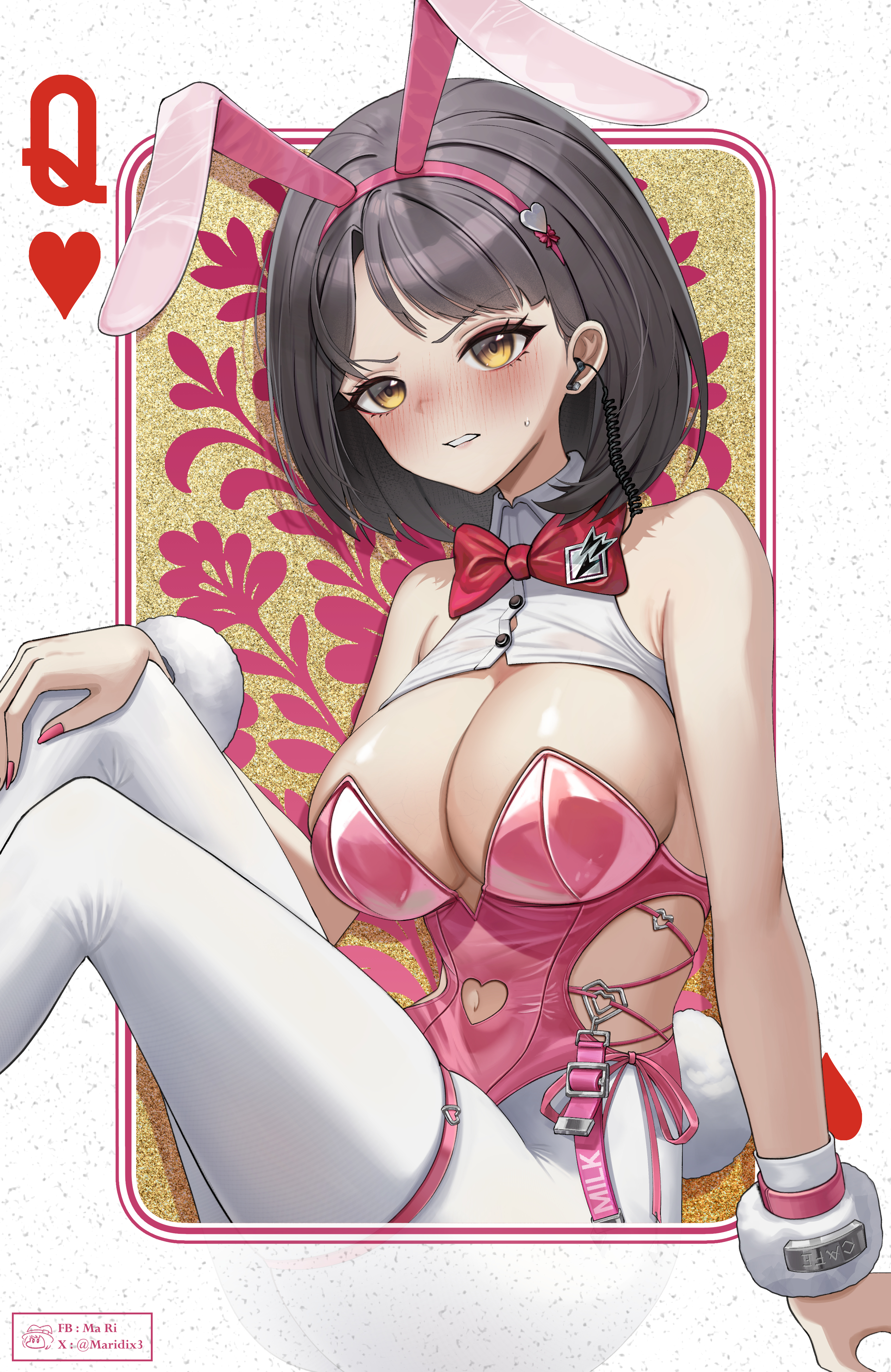 maridix, milk (blooming bunny) (nikke), milk (nikke), goddess of victory: nikke, absurdres, commentary, highres, 1girl, animal ear hairband, animal ears, bare shoulders, black hair, blush, bow, bowtie, breasts, cleavage, clenched teeth, clothing cutout, earpiece, facebook username, fake animal ears, fur wrist cuffs, hairband, heart cutout, large breasts, leotard, looking at viewer, navel, navel cutout, nose blush, official alternate costume, pantyhose, parted lips, pink leotard, pink nails, playboy bunny, queen (playing card), queen of hearts (playing card), rabbit ear hairband, rabbit ears, red bow, red bowtie, short hair, shrug (clothing), side-tie leotard, side cutout, sidelocks, sitting, solo, sweat, teeth, thigh strap, twitter username, white pantyhose, white shrug, wrist cuffs, yellow eyes
