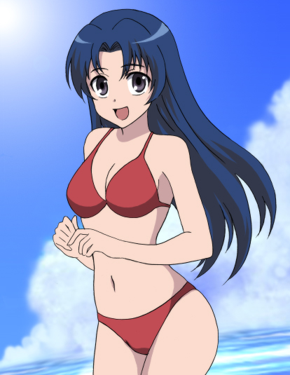 satou keita, kawashima ami, toradora!, bad id, bad pixiv id, 00s, bikini, black eyes, blue hair, day, long hair, red bikini, solo, swimsuit