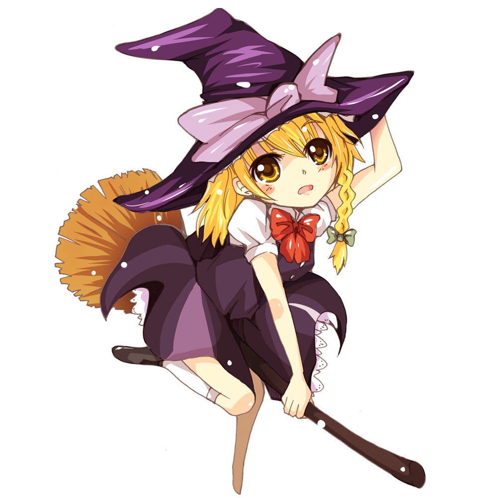 maturiuta sorato, kirisame marisa, touhou, 1girl, aged down, blonde hair, blush, broom, broom riding, female focus, hat, long hair, ribbon, solo, witch, witch hat, yellow eyes