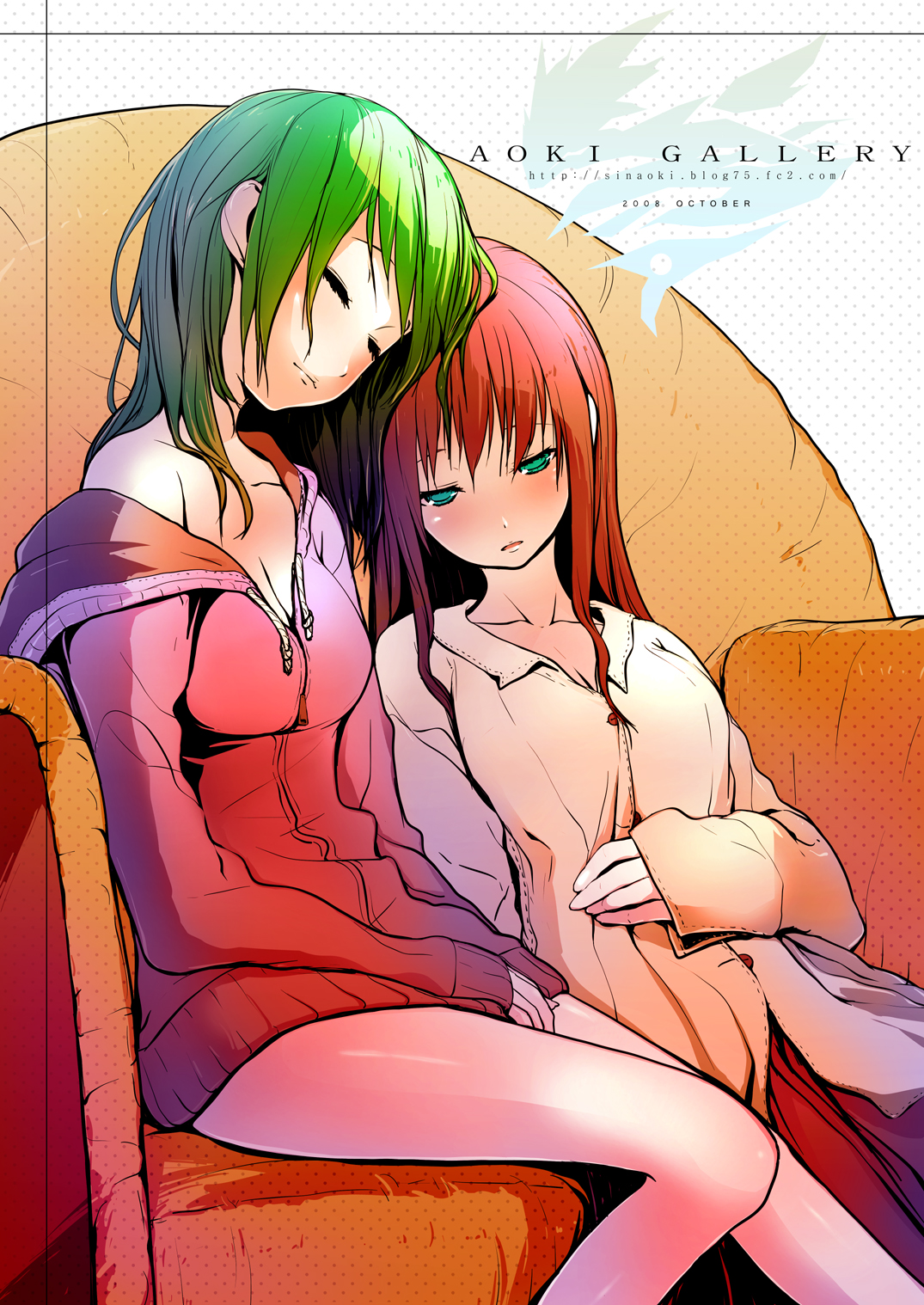 aoki shin, original, bad id, bad pixiv id, highres, bottomless, dress shirt, green eyes, green hair, legs, long hair, no pants, red hair, shirt, sleeping, sleepy, sweater