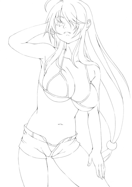 kasanui, kan'u unchou, ikkitousen, bad id, bad pixiv id, 00s, 1girl, adjusting hair, ahoge, armpits, bikini, bikini under clothes, breasts, cleavage, female focus, greyscale, hair ornament, hair over one eye, large breasts, leg hold, lineart, long hair, monochrome, navel, open fly, open zipper, ponytail, short shorts, shorts, sideboob, simple background, smile, solo, standing, swimsuit, swimsuit under clothes, underboob, unzipped, very long hair, zipper