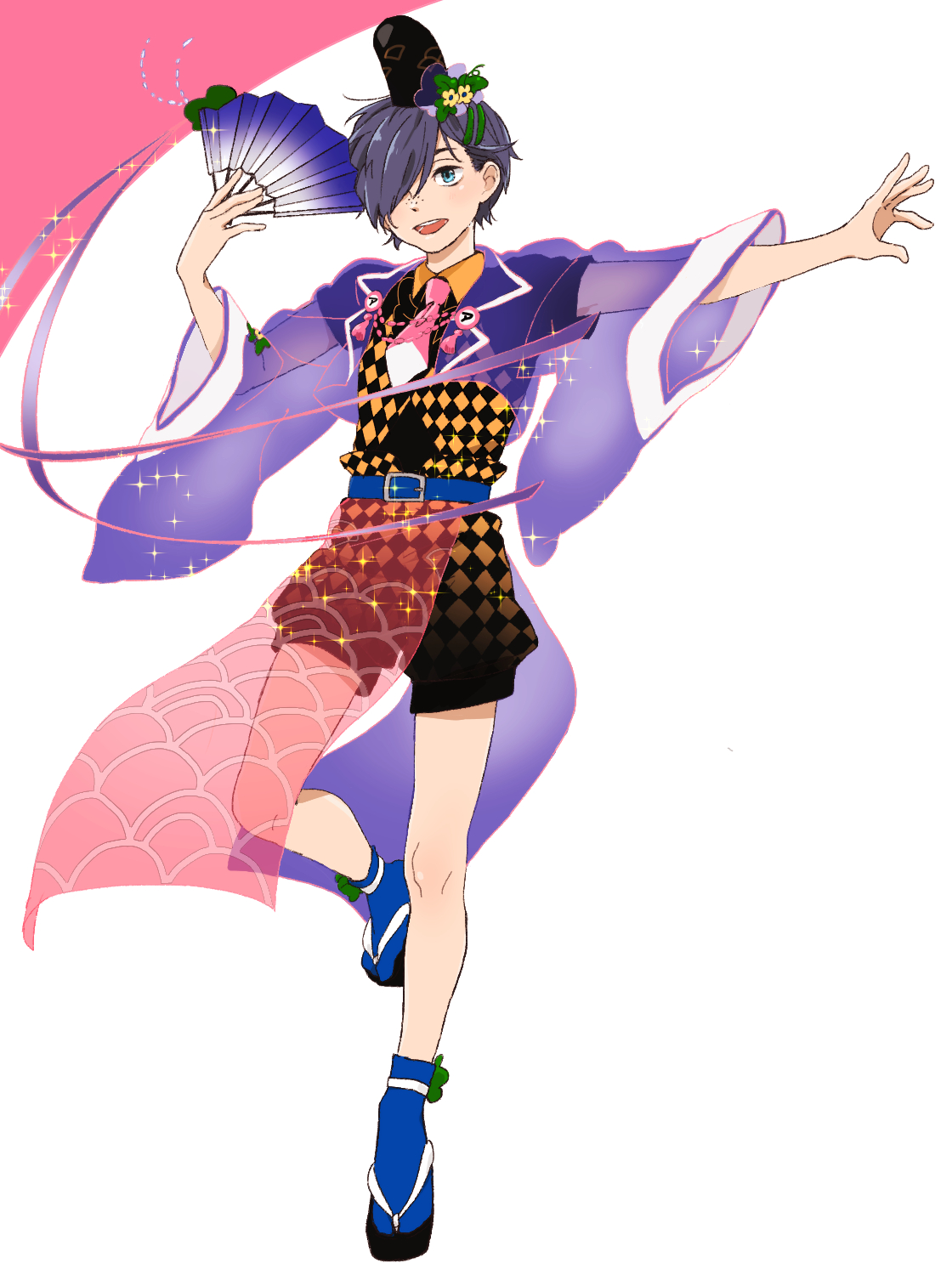 bandoutan, kuji toi, sarazanmai, highres, 1boy, a katakana sign (sarazanmai), alternate costume, belt, blue belt, blue socks, folding fan, freckles, full body, furisode sleeves, hair over one eye, hand fan, hat, holding, holding fan, japanese clothes, looking at viewer, male focus, necktie, open mouth, outstretched arm, pink necktie, see-through clothes, seigaiha, socks, solo, sparkle, tate eboshi, wide sleeves