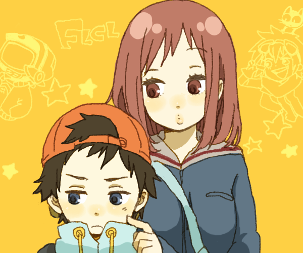 yukke, nandaba naota, samejima mamimi, flcl, 00s, 1boy, 1girl, :o, blue serafuku, blush, brown eyes, brown hair, frown, hat, school uniform, serafuku, yellow background