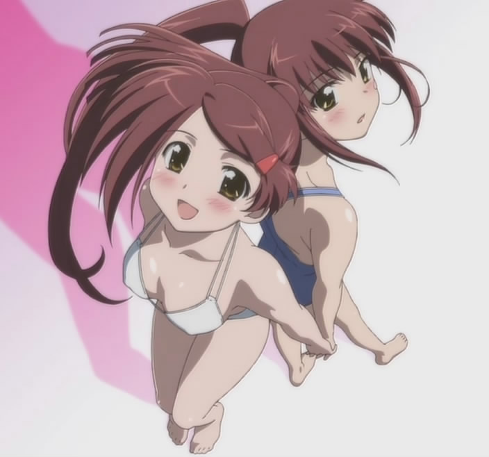 suminoe ako, suminoe riko, kissxsis, anime screenshot, 00s, 2girls, bandaid, bandaid on face, barefoot, blush, brown hair, covered erect nipples, female focus, from above, hair ornament, hairclip, hairdressing, holding hands, long hair, multiple girls, one-piece swimsuit, siblings, sisters, smile, swimsuit, twins, yellow eyes