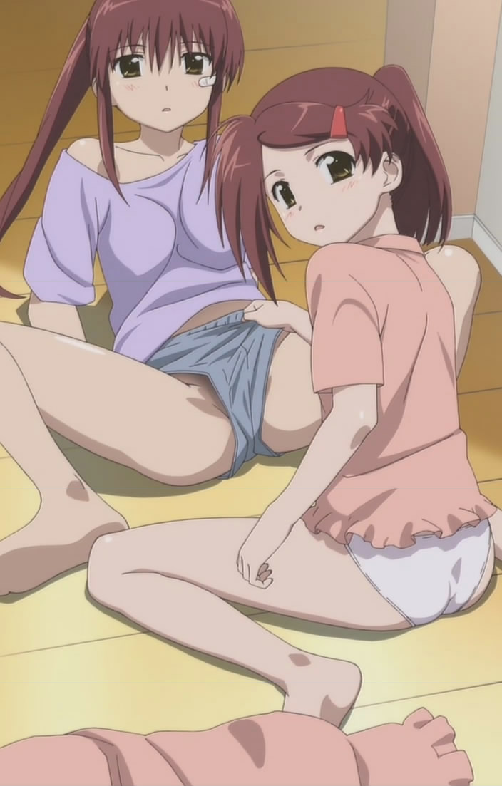 suminoe ako, suminoe riko, kissxsis, grabbing, interior, anime screenshot, 00s, 2girls, ass, bandaid, bandaid on face, barefoot, brown hair, caught, feet, hair ornament, hairclip, incest, indoors, long hair, looking at viewer, multiple girls, no panties, no pants, panties, ponytail, siblings, sisters, sitting, soles, spread legs, twincest, twins, underwear, wariza, white panties, yuri