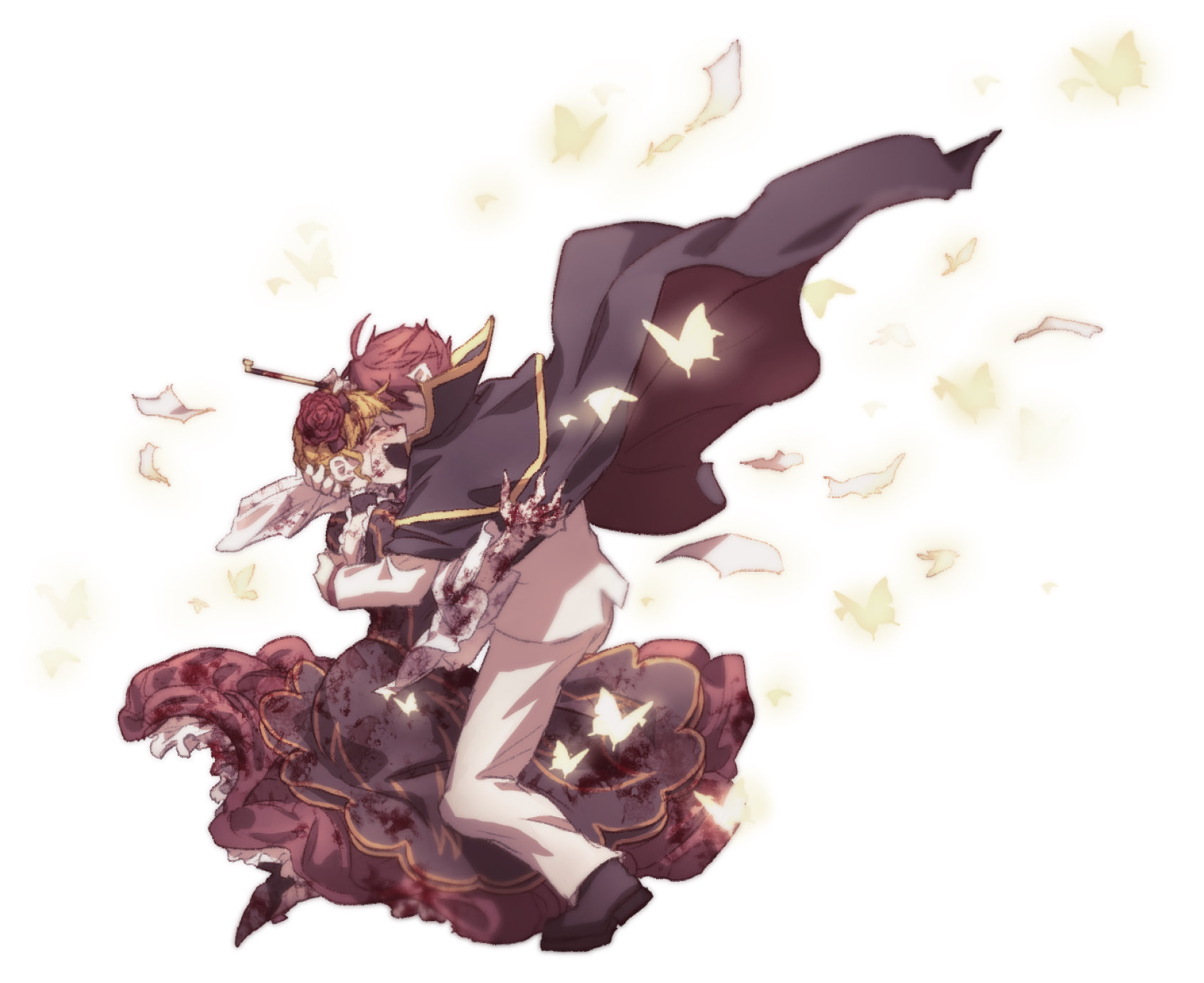 hswoimuxk0pwr0h (bbdan), beatrice (umineko), ushiromiya battler, umineko no naku koro ni, highres, 1boy, 1girl, black cape, black dress, blonde hair, blood, cape, crying, dress, fang, flower, formal clothes, hair flower, hair ornament, holding, holding smoking pipe, hug, red flower, red hair, red rose, rose, screaming, smoking pipe, streaming tears, suit, tears, white background, white suit