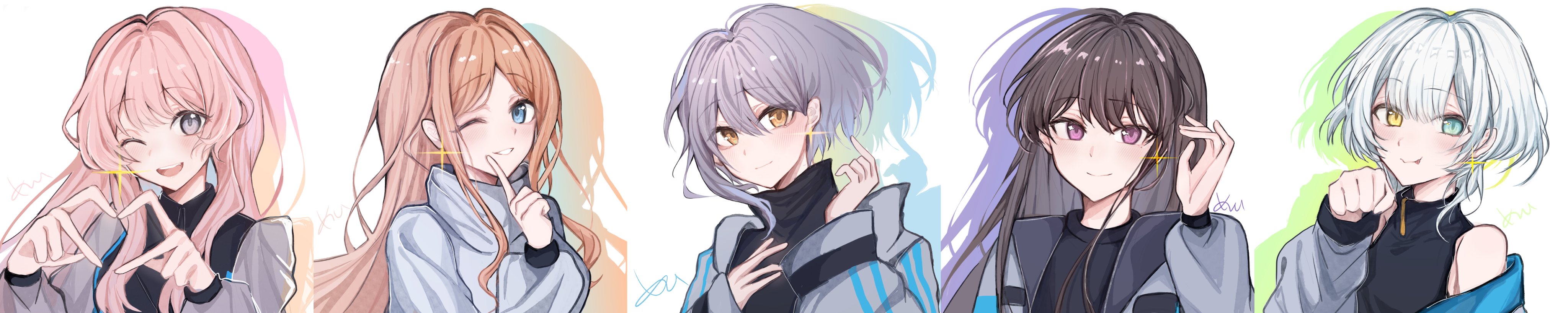 chihaya anon, kaname raana, nagasaki soyo, shiina taki, takamatsu tomori, bang dream!, bang dream! it's mygo!!!!!, absurdres, commentary, highres, long image, wide image, 5girls, black hair, black shirt, blue eyes, brown eyes, brown hair, closed mouth, drop shadow, fang, four-finger heart hands, grey eyes, grey hair, grey jacket, grey sweater, hair between eyes, heart, heart hands, heterochromia, jacket, long hair, long sleeves, meeime114514, mole, mole under eye, multiple girls, mygo!!!!! (bang dream!), one eye closed, open mouth, paw pose, pink hair, purple eyes, shirt, short hair, sidelocks, simple background, sleeveless, sleeveless shirt, sweater, teeth, upper body, upper teeth only, white background, white hair, yellow eyes