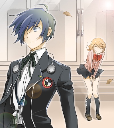 tsuji yuzu, takeba yukari, yuuki makoto (persona 3), atlus, persona, persona 3, lowres, 1boy, 1girl, black socks, blouse, blue eyes, blue hair, bow, clothes lift, collared shirt, couple, digital media player, digital walkman, earphones, hair over one eye, headphones, hetero, kneehighs, outdoors, ribbon, school uniform, shirt, skirt, skirt lift, socks, sweatdrop, walkman nw-s203f, white shirt, wind, wind lift