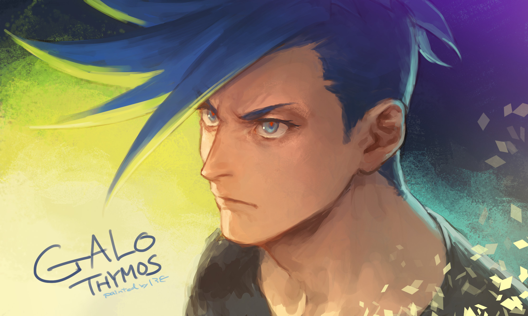 plytometo, galo thymos, promare, commentary request, highres, 1boy, black shirt, blue eyes, blue hair, character name, closed mouth, eyelashes, looking ahead, male focus, red pupils, shirt, short hair, sideburns, solo, spiked hair, upper body, v-shaped eyebrows