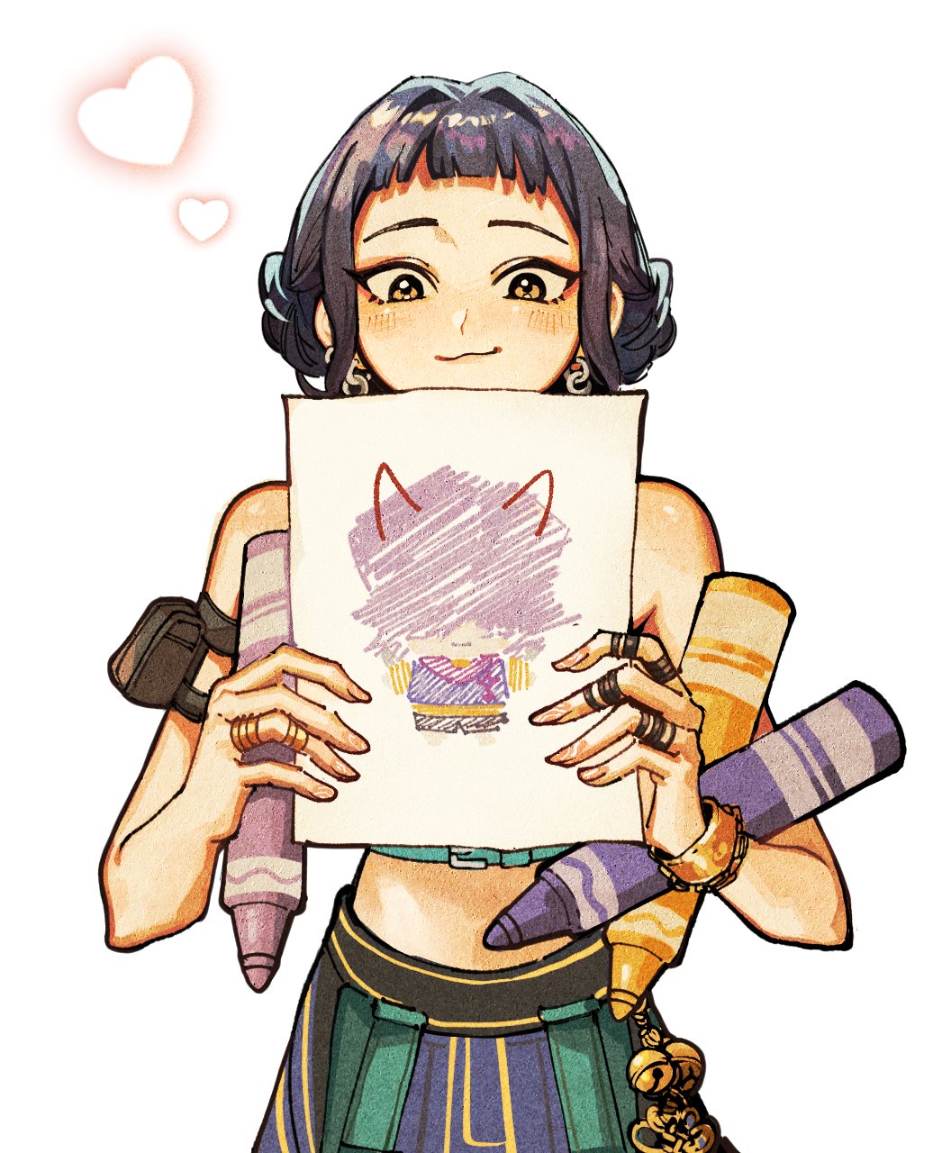mystery (kpop demon hunters), zoey (kpop demon hunters), kpop demon hunters, commentary, highres, symbol-only commentary, 1girl, black hair, brown eyes, closed mouth, crayon, dragonla, drawing (object), earrings, heart, holding, holding paper, jewelry, paper, simple background, smile, solo, standing, white background
