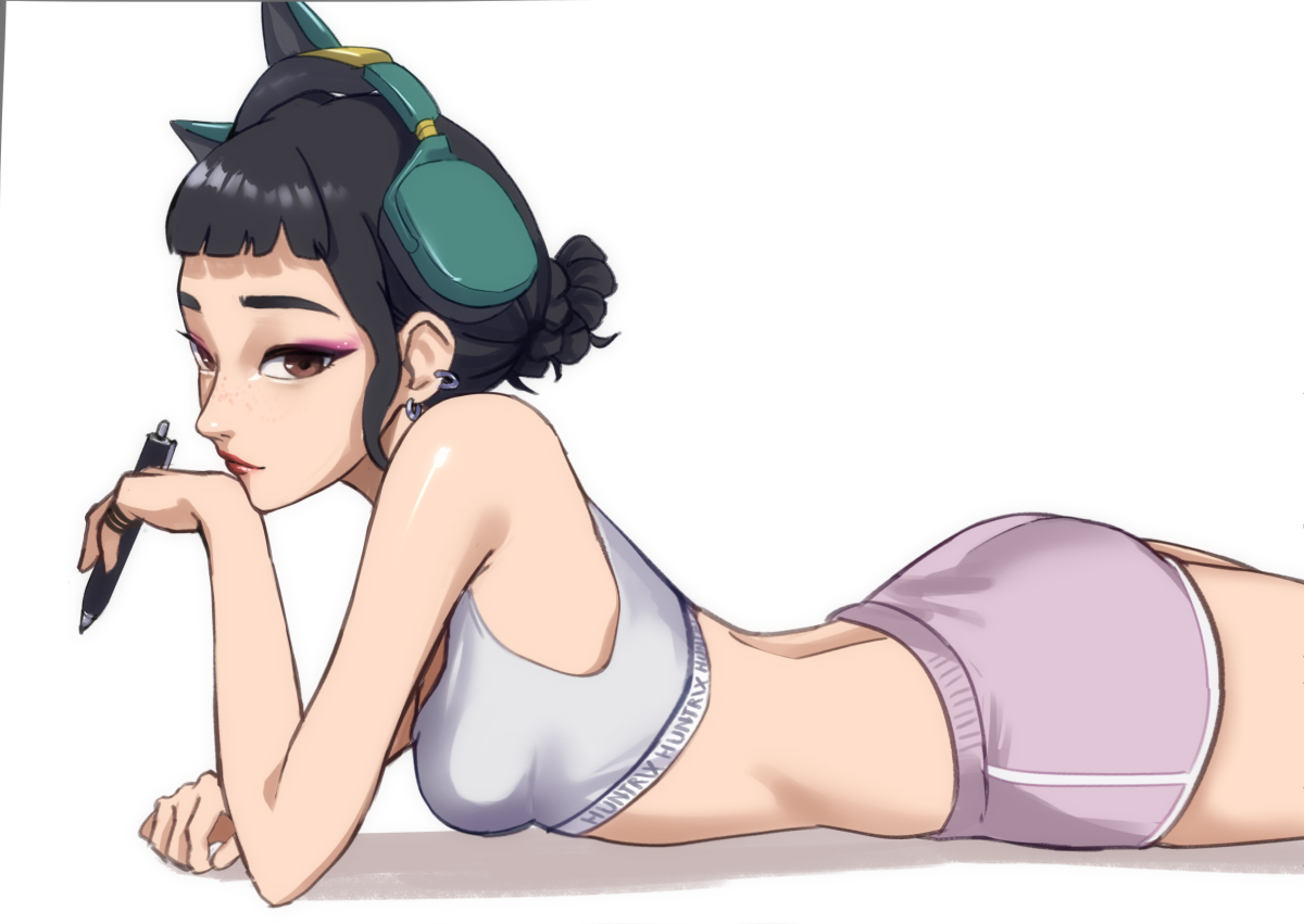 tommy (kingdukeee), zoey (kpop demon hunters), kpop demon hunters, commentary, english commentary, 1girl, animal ear headphones, animal ears, black hair, breasts, brown eyes, cat ear headphones, cat ears, earrings, eyeshadow, fake animal ears, headphones, holding, holding pen, jewelry, looking at viewer, lying, makeup, on stomach, pen, pink eyeshadow, pink shorts, shorts, simple background, small breasts, solo, white background